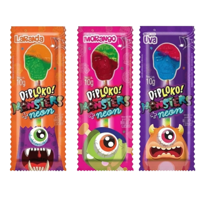 Diploko Pirulito Neon Monster Caveira 10g – 3 Unidades